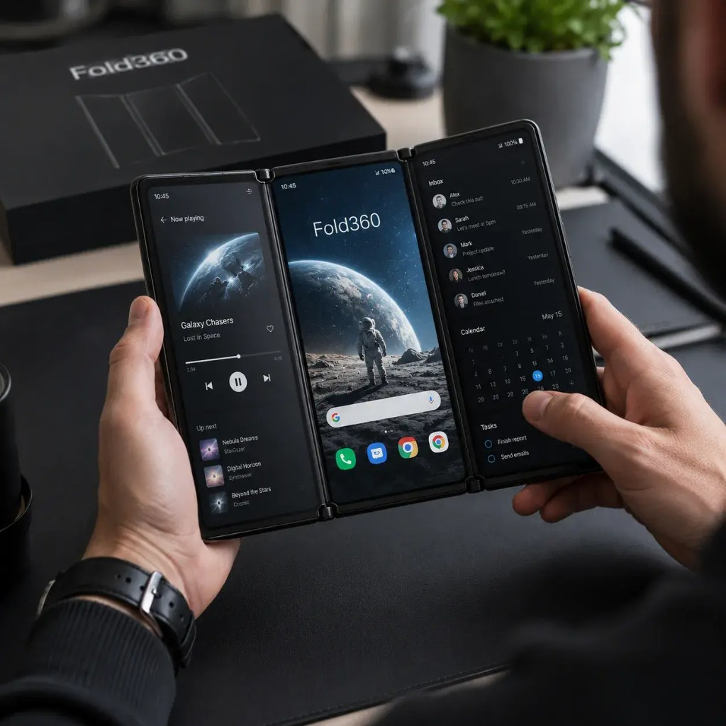 Fold360™ — skladací smartfón s 3 obrazovkami v použití